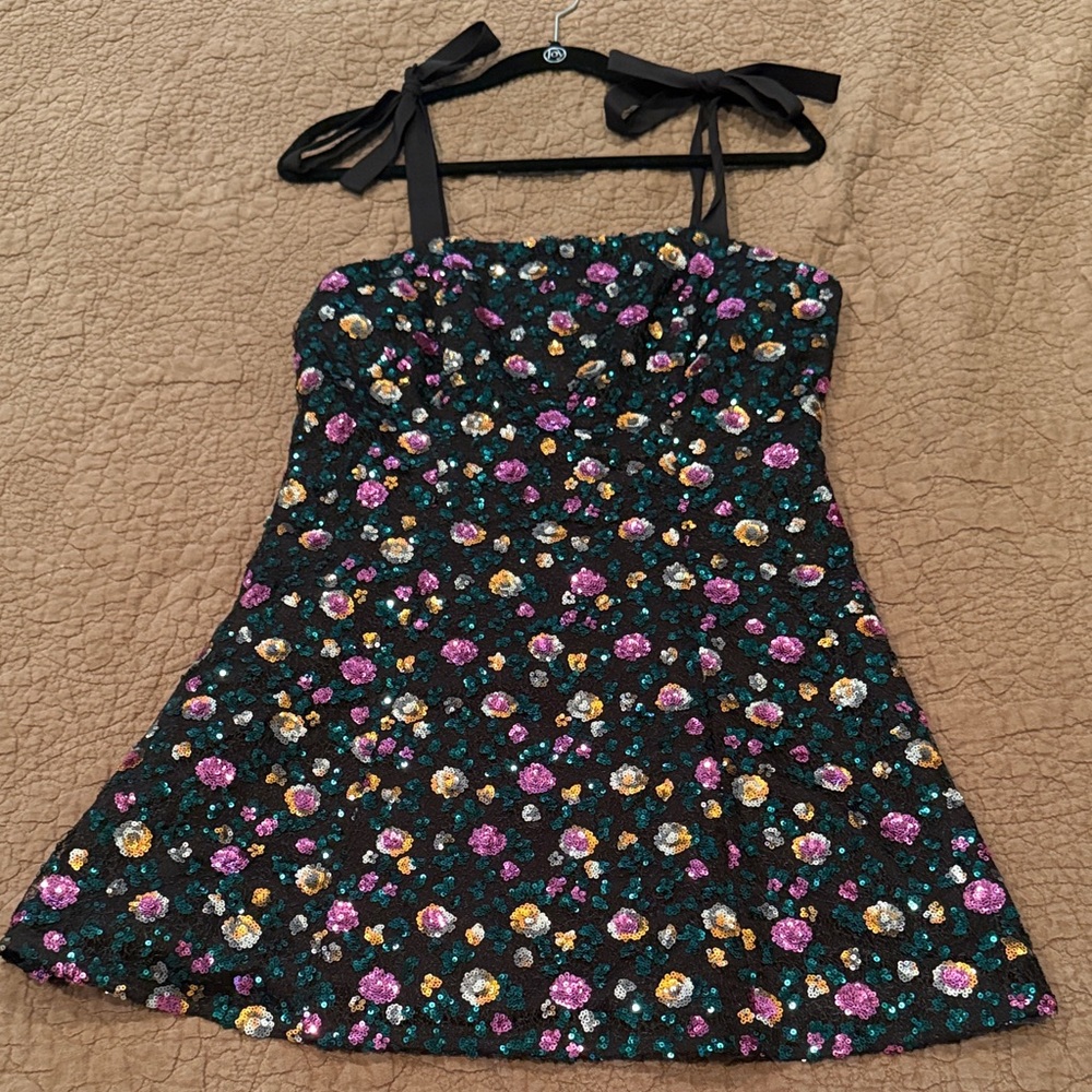 Black Floral Sequin Dress with Tie-Straps